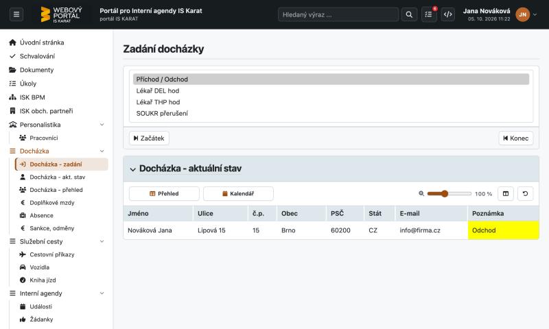 Zadání docházky ve Webovém portálu