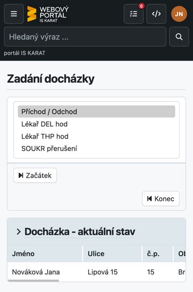 Zadání docházky ve Webovém portálu na mobilním telefonu