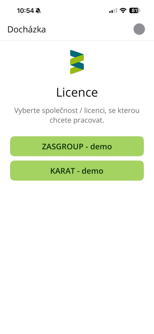 Výběr společnosti v aplikaci