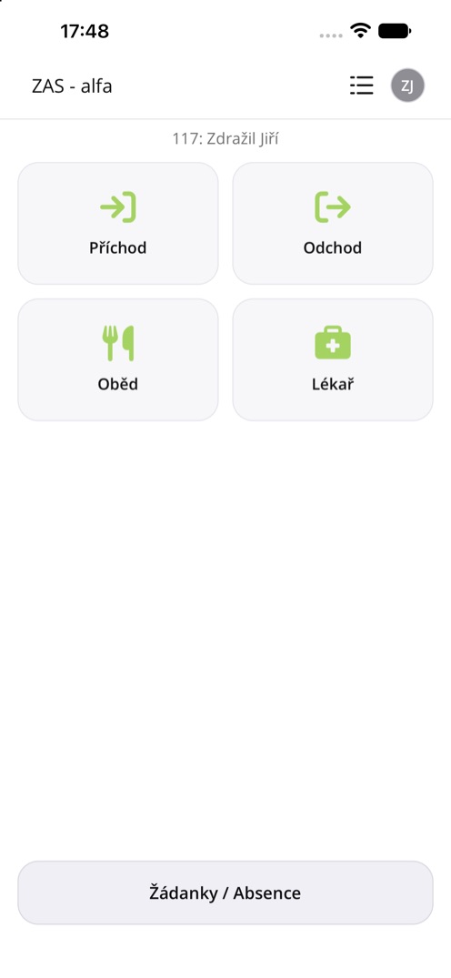 Hlavní obrazovka aplikace zDocházka Mobile s docházkovými tlačítky
