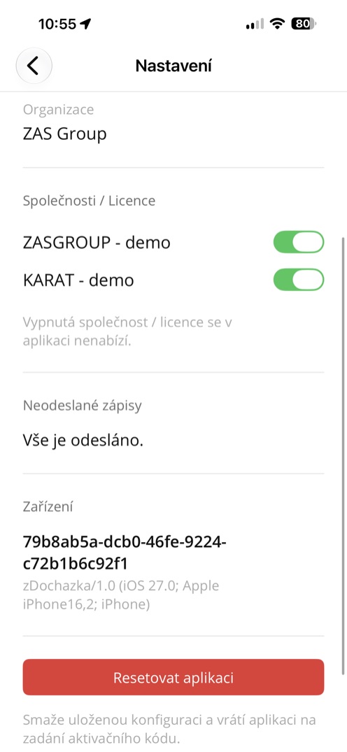 Nastavení aplikace s přehledem licencí a fronty