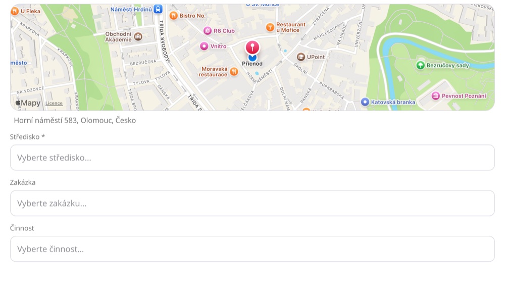 Průchod s mapou a výběrem střediska, zakázky a činnosti